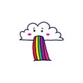 Cloud vomitting rainbow vector illustration. cloud with eyes and face. fantasy icon. imagination image. hand drawn vector. doodle