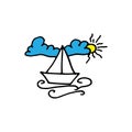 Sailboat icon with blue cloud and sun on white background. bold outline, hand drawn vector. symbol for holiday. doodle art for log Royalty Free Stock Photo