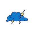 Blue cloud and yellow lightning vector illustration on white background. thunderbolt icon. weather icon, cloudy. rainy day. hand d Royalty Free Stock Photo