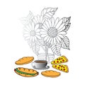 Flower in the vase with food and beverage on white background. morning coffee. breakfast time. cup of coffee, sunflower. hand draw Royalty Free Stock Photo