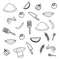 Set of kitchenware, fruit and vegetable isolated on white background. black outline. hand drawn vector. cooking time. doodle art f Royalty Free Stock Photo