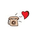 Telephone with shape of heart. telephone ringing icon on white background. vintage background. hand drawn vector. doodle for logo, Royalty Free Stock Photo