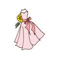 Beautiful pink gown with bow icon and sunflower on white background. wedding dress, elegance beauty fashion for woman. hand drawn Royalty Free Stock Photo