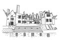Hand drawn ink vector sketch of european cityscape.