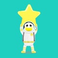 Illustration vector graphic cartoon of cute penguin astronaut raises a star