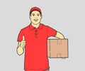 Delivery Man With Paper Bag in Hands Showing Thumb Up. Royalty Free Stock Photo