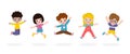 Set group collection of vector cute babies kids characters playing doing activities in different various poses, Happy children