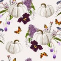 Cute hand drawn pumpkin with violet spring flowers and butterfly seamless pattern, great as Thanksgiving background.