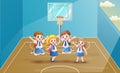 Cheerful school children jumping on the basketball court