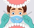 Cartoon dentist check tooth into open mouth of patient