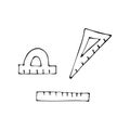 A set of doodle school rulers. Hand-drawn protractor, triangle and school ruler isolated on white background Royalty Free Stock Photo