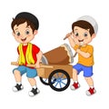 Happy muslim kid cartoon hitting bedug on cart