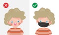 Kids mark protective No Entry Without Face Mask or Wear a Mask Icon, yes no sign with children wearing or not wearing a mask