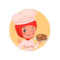Cute Female hijab chef holding a chicken meal with tasty hand gesture logo. Royalty Free Stock Photo