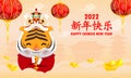 Happy Chinese new year 2022 the year of the tiger zodiac , cute Little tiger performs Lion Dance and chinese gold ingots, banner Royalty Free Stock Photo