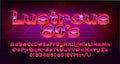 Lustrous 80s alphabet font. 3D red light letters, numbers and punctuations in 80s style.