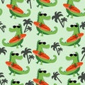 Hand drawing cute crocodile with surboard seamless pattern. Royalty Free Stock Photo