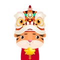 Happy Chinese new year 2022, Little tiger with Lion Dance Head holding Chinese gold, the year of the tiger zodiac, Cartoon vector Royalty Free Stock Photo