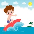 Cute surfer boy character with surfboard and riding on ocean wave. Happy young surfer guy on the crest wave, flat vector Royalty Free Stock Photo