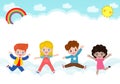Happy children jumping on the cloud and rainbow background poster with happy kids jump greeting card isolated vector illustration.