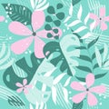 Summer exotic leaves seamless pattern.Trendy pastel colored, on turquise color backgound Royalty Free Stock Photo