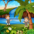 Cartoon the safari boy and girl by the river Royalty Free Stock Photo