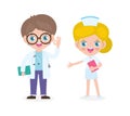 Set of happy cute caucasian Doctor and Nurse, International doctor team, Hospital medical staff flat style isolate on white