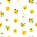 Seamless pattern of yellow and orange smiling happy suns. Hand-drawn doodle pattern on white background Royalty Free Stock Photo