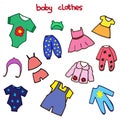 Set of baby clothes on white background. cute and colorful apparel and clothing for kids. fashion for baby. hand drawn vector. doo Royalty Free Stock Photo