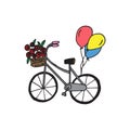 Cute bicyle with flower in the basket and colorful balloons. vintage bicyle illustration on white background. hand drawn vector. d Royalty Free Stock Photo