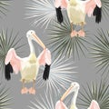 Tropical vintage green white palm leaves, pelican floral seamless pattern on grey background. Royalty Free Stock Photo