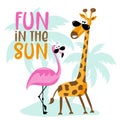 Fun In The Sun- Happy Summer Slogan With Cute Flamingo And Giraffe On The Beach