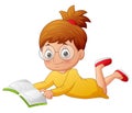 Cartoon girl student laying down and reading a book