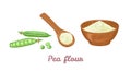 Pea flour in wooden bowl, spoon and green pods with beans isolated Royalty Free Stock Photo