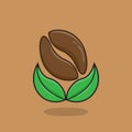 coffee beans with leaf, logo drink, flat design vector graphic, brown color