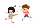 Cute little asian boy and girl playing guitar and singing, happy kids couple Making Music Performance character cartoon flat style Royalty Free Stock Photo