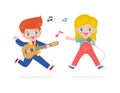 Cute little caucasian boy and girl playing guitar and singing, happy kids couple Making Music Performance character cartoon Royalty Free Stock Photo