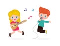 Cute little asian boy and girl playing guitar and singing, happy kids couple Making Music Performance character cartoon flat style Royalty Free Stock Photo