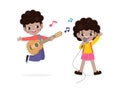 Cute little black boy and girl playing guitar and singing, happy kids couple Making Music Performance character cartoon flat style