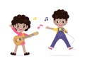 Cute little black boy and girl playing guitar and singing, happy kids couple Making Music Performance character cartoon flat style Royalty Free Stock Photo