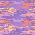 Sunset cloudy sky in burgundy purple orange shades. Printed on fabric, seamless cartoon texture of the evening sky. Royalty Free Stock Photo