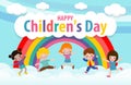 Happy children`s day background poster with group cute kids jumping on the cloudy sky and rainbow greeting card isolated vector