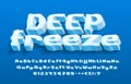 Deep Freeze alphabet font. 3D cartoon ice letters, numbers and punctuation.