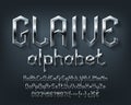 Glaive alphabet font. Scratched metal medieval letters, numbers and symbols.