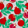 Seamless background with pomegranates and leaves on light ground. Royalty Free Stock Photo