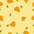 Seamless pattern with bee and honeycom illustration on yellow background. smiley face of bee with honeycomb. hand drawn vector. do Royalty Free Stock Photo