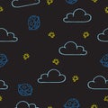Seamless pattern with space world isolated on dark background. planet, yellow stars and blue clouds. hand drawn vector. doodle art Royalty Free Stock Photo
