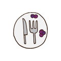 Cutlery illustration on white background. dishware icon, fork, knife and plate with berries. hand drawn vector. doodle art for log