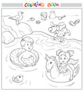 Coloring book or page. Cheerful boy and girl swim on rubber rings in the water, a dog on the shore, a seagull on a stone