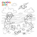 Coloring page. Happy children play in the sand on the beach near the sea, a seagull in the sky. Royalty Free Stock Photo